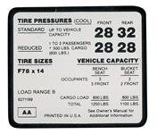 Decal, 72 El Camino, Tire Pressure, F78 x 14