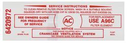 Decal, Air Cleaner Service, 1965-66 Pontiac, 389/421/428, A96C