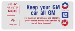 Decal, Air Cleaner, 71 Pontiac, 350-2V, "Keep Your GM Car All GM", PF 6486106