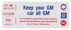 Decal, Air Cleaner, 1975 Pontiac, 455, "Keep Your GM Car All GM", RK 8994008