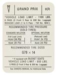 Decal, 71 Grand Prix, Tire Pressure, KR