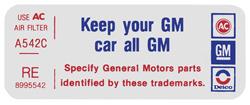 Decal, Air Cleaner, 1977 Pontiac, 2bbl, "Keep Your GM Car All GM", RE 8995542