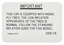 Decal, 67-68 Cutlass, Tire Pressure, Except 442