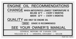 Decal, Oil Change, Canada, 1968-69 Cutlass