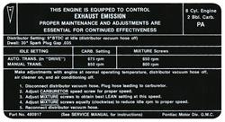 Decal, Emissions, 1970 Pontiac, V8-2V, AT/MT, PA 480917