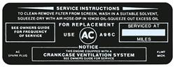 Decal, Air Cleaner Service, Wildcat 445, 1964 Buick, A96C