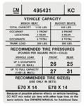 Decal,Tire Pressure,  1974 GTO, Tempest, Lemans, KC