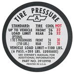 Decal, Tire Pressure, 1967 Chevelle SS, GM # 3910998