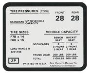 Decal, Tire Pressure, 1972 Chevelle SS