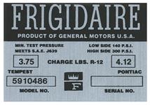 Decal, AC Compressor, 1964-65 Pontiac, Frigidaire, #5910486