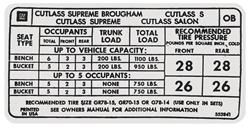 Decal, Tire Pressure, 1973 Cutlass, OB 553841