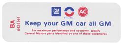 Decal, Air Cleaner, 68 Buick, 350/400-4V, "Keep your GM Car All GM", BA 6424344