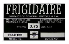 Decal, AC Compressor, 1964-65 GM exc. Pontiac, Frigidaire, GM # 6550133