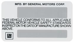 Decal, Vehicle Certification Kit, 1975 All GM, Interior