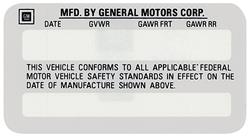 Decal, Vehicle Certification Kit, 1976-77 GM, Interior