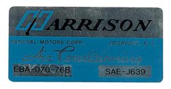 Decal, Evaporator Box, Harrison Air Conditioning, 1976 GM, EBA07076B