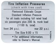 Decal, Tire Pressure, 1967-68 Cadillac Eldorado, In Door Jamb