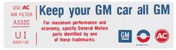 Decal, Air Cleaner, 1975 Cadillac, Keep Your GM Car All GM, VI 8995106