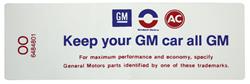 Decal, 71 Cutlass, Air Cleaner, 2bbl, "Keep your GM car all GM"