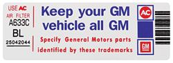 Decal, Air Cleaner, 1982 Grand National, Keep Your GM Car All GM, BL 25042044