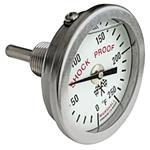 Thermometer, 2" Dial, 0-250F, White "Shock Proof" Dial, Black Pointer, 3/8NPT