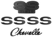 Emblem Set, 1968-69 Chevelle SS396, Custom Black, Grille/Fenders/Header Panel