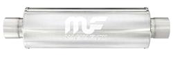 Muffler, 4" Round Reversible, 2" Core, MF, Satin 409SS, Center/Center, 14" Lngth