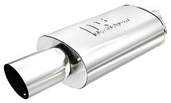 Muffler w/Tip, Street 5" x 8" x 14" Oval, 2.25" In/4" Angle Cut Tip, Cntr/Cntr