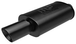 Muffler w/Tip, 5" x 8" x 14" Oval, 2.25" In/4" Rolled Agl Cut, Blck, Cntr In/Out