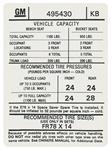 Decal, Tire Pressure, 1974 GTO/Tempest/LeMans, KB