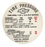 Decal, Tire Pressure, 1968 Chevelle exc. SS Models