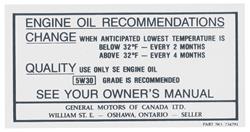 Decal, 68-69 Buick, Engine Compartment, Canada Oil Change