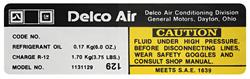 Decal, AC Compressor, 1978-80 GM G-Body, Delco, # 1131129